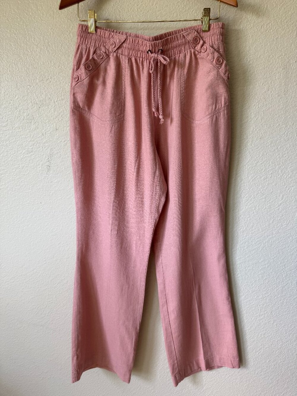 Ci Sono Linen Blend Pants Sz Med Pink Pull On Waist Tie Pockets Relaxed Wide Leg